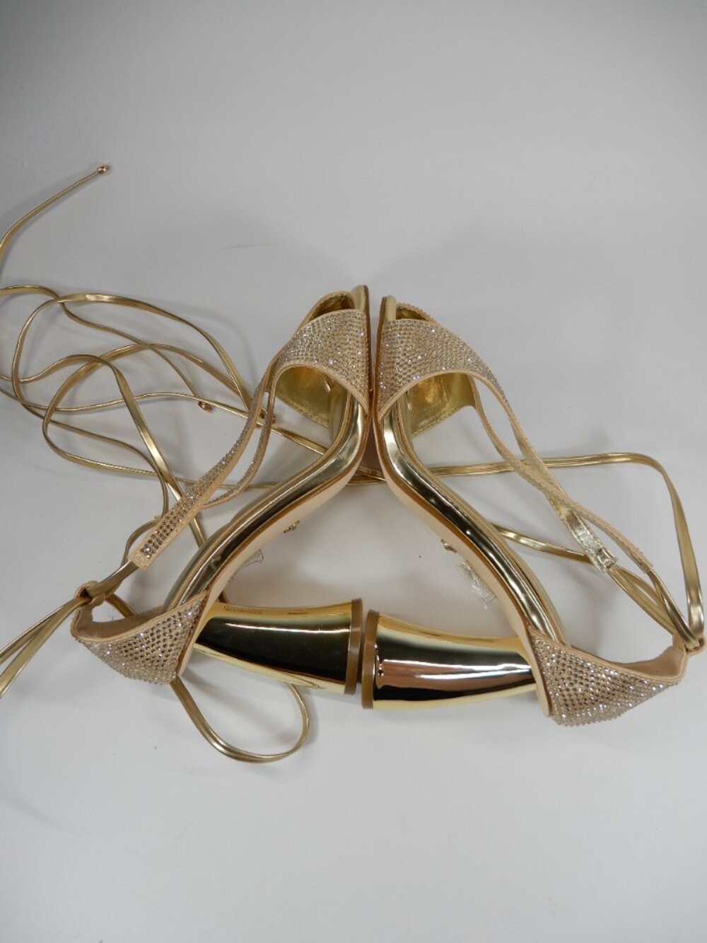 AZALEA WANG Builany Pump Sandals 7 Gold Rhinestone Lace-Up Heels Square Toe NEW - Picture 10 of 14